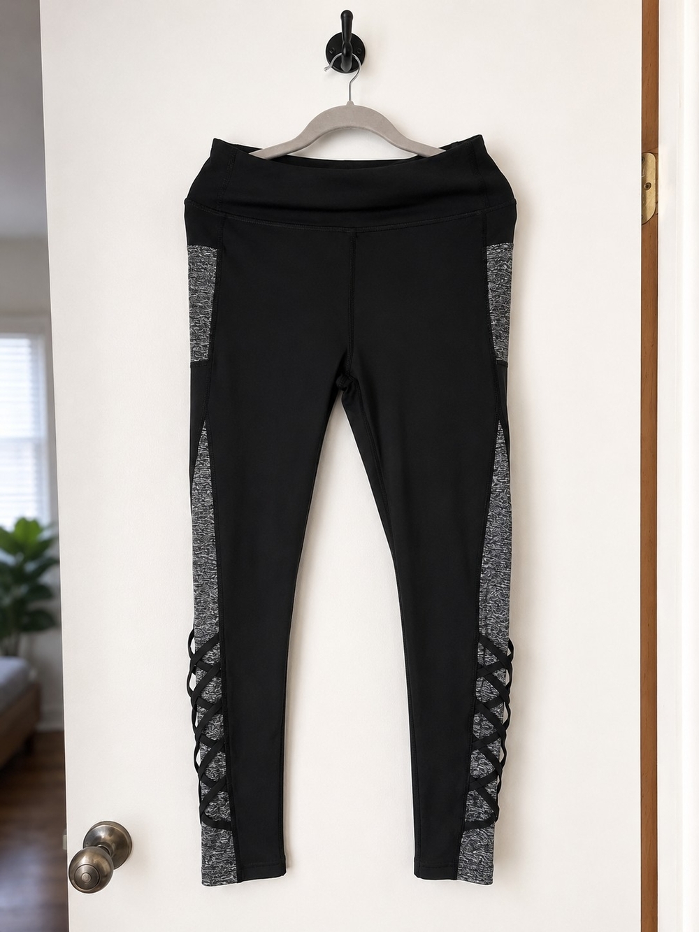 SHEIN Black Leggings with Gray Crisscross Side Panels